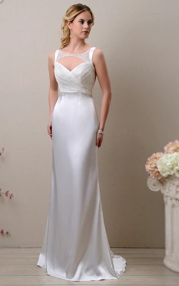Keyhole Back Satin Sleeveless Sheath Wedding Dress Featuring Shimmering Bodice