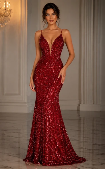 Mermaid Sequin Prom Dress with V-neck, Sleeveless and Sequins, Floor Length