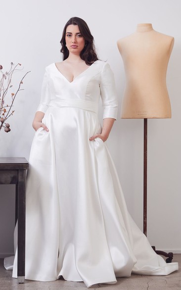 Modern Plus Size V-neck A Line Satin Wedding Dress with Pockets