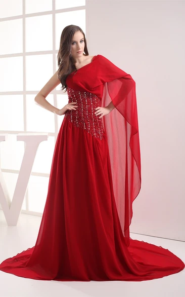 Flay Chiffon Floor-Length Asymmetrical Gemmed Waist and Dress With Pleats