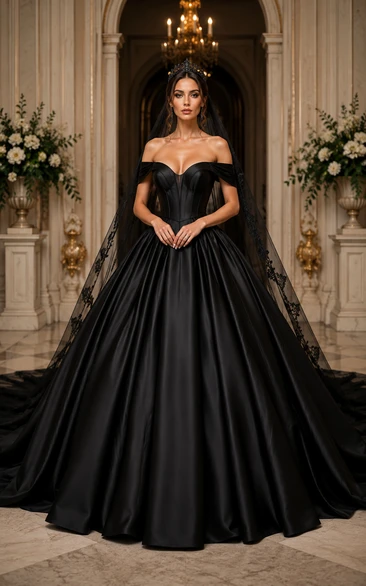 Black Off-the-Shoulder Satin Ball Gown Wedding Dress