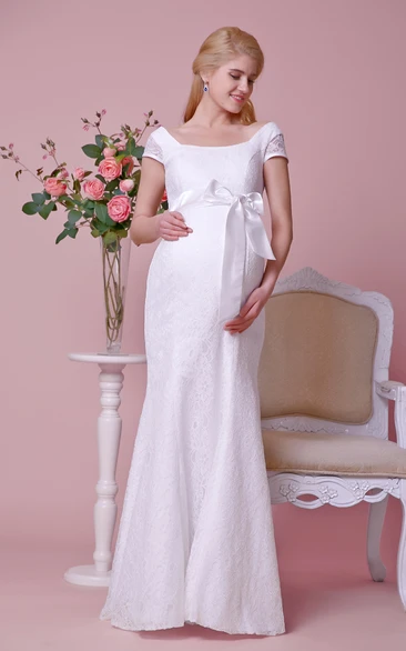 Empire Squared Neck Cap-sleeved Sheath Lace Long Dress