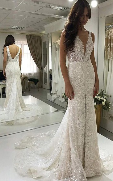 Charming Lace Sheath Sleeveless Low-v Back Mermaid Wedding Dress