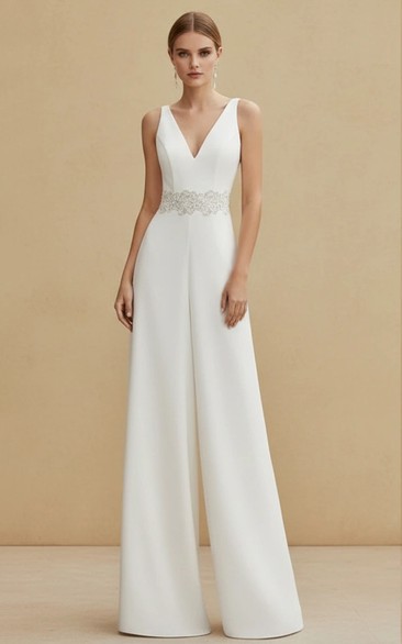 Sleeveless Deep V Neck Embroidered Waist Wide Leg Wedding Jumpsuit