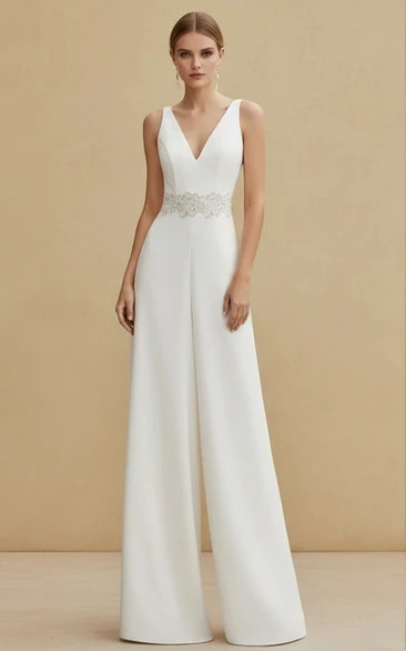 Sleeveless Deep V Neck Embroidered Waist Wide Leg Wedding Jumpsuit