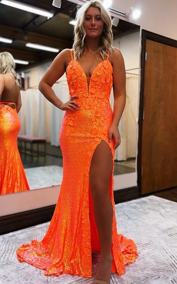 Lace Spaghetti Front Split Backless Applique Prom Dress