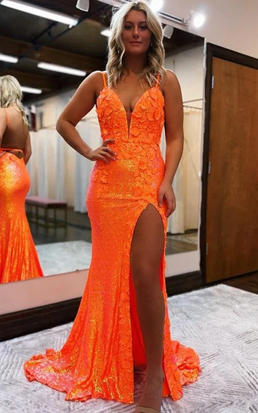 Lace Spaghetti Front Split Backless Applique Prom Dress