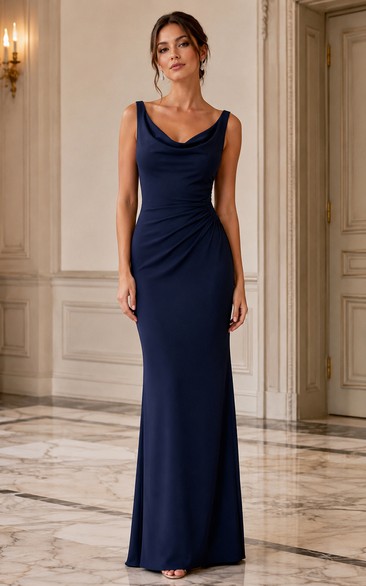 Dark Navy Cowl Neck Sheath Bridesmaid Dress