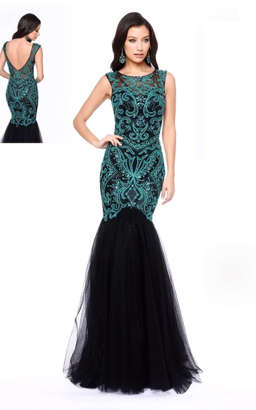 Mermaid Scoop-Neck Sleeveless Tulle Low-V Back Dress With Beading