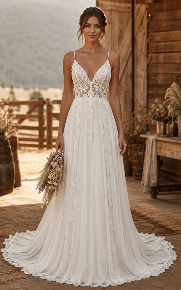 Boho Country A-Line Wedding Dress Sleeveless V-Neck Tulle Lace Applique Floor Length Chapel Train Ivory