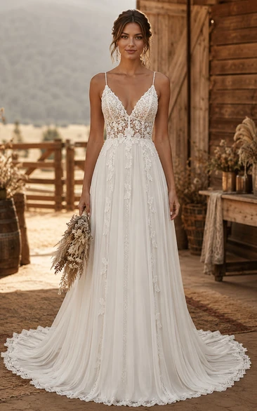Boho Country A-Line Wedding Dress Sleeveless V-Neck Tulle Lace Applique Floor Length Chapel Train Ivory