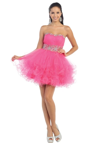 A-Line Mini Strapless Sleeveless Tulle Corset Back Dress With Ruffles And Beading