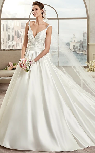 V-Neck A-Line Open-Back Bridal Gown With Cinched Waistband And Appliques Straps