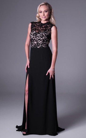 Sheath High-Neck Maxi Split-Front Sleeveless Chiffon&Lace Prom Dress