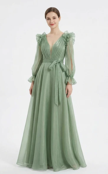 Puff Sleeve Chiffon Satin Dress with Bow