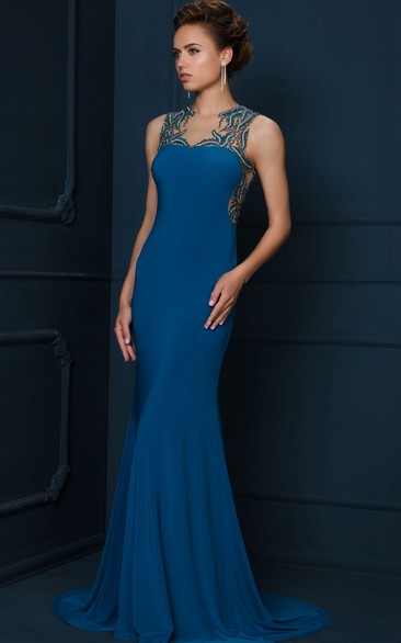 Sheath Maxi Sleeveless Jewel-Neck Beaded Jersey Evening Dress