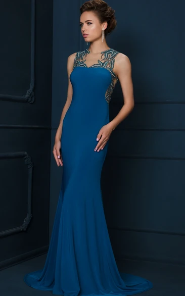 Sheath Maxi Sleeveless Jewel-Neck Beaded Jersey Evening Dress