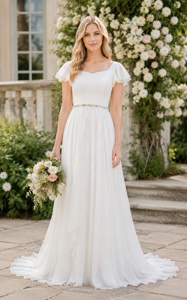 Ivory Scoop Neck Short Sleeve Chiffon A-Line Wedding Dress