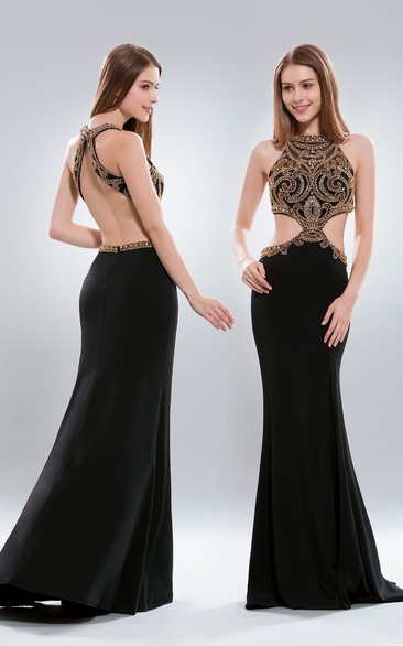 Sheath High Neck Sleeveless Chiffon Backless Dress With Beading