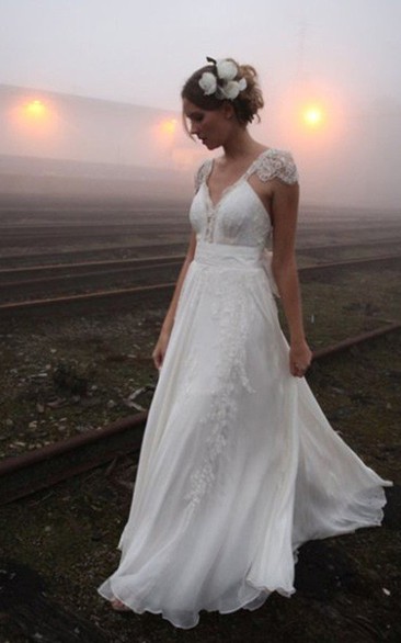 A-line Princess V-neck Floor-length Cap Sleeve Lace Chiffon Bohemian Wedding Dresses
