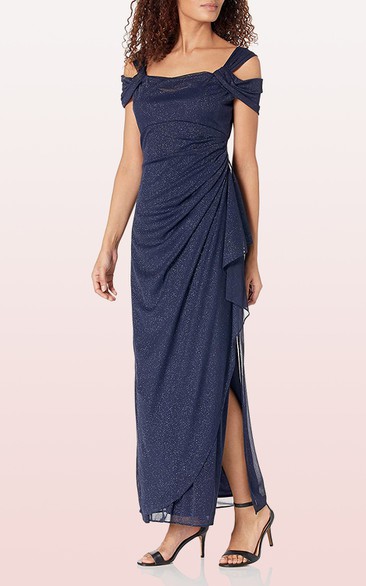 Off-the-shoulder Sheath Sleeveless Ankle-length Sequins Mother Dress With Draping and Split Front