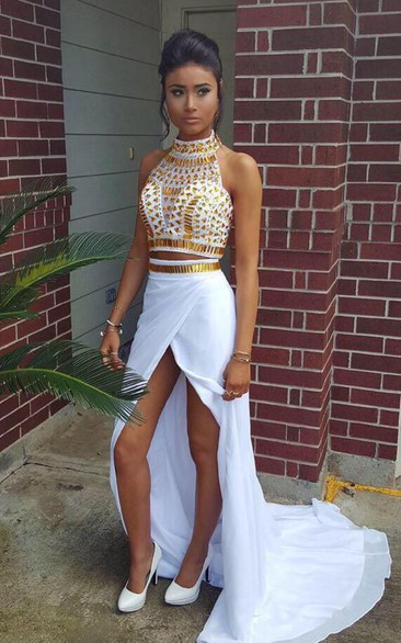 Glamorous Halter Crystals Chiffon Two Pieces Prom Dress Front Split