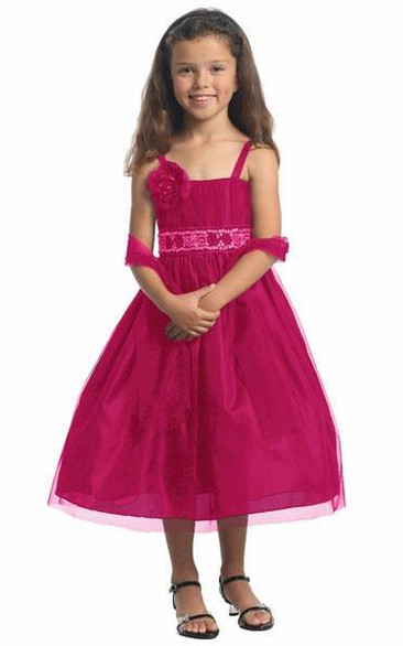 Spaghetti Tea-Length Bowed Sequins Flower Girl Dress With Cape