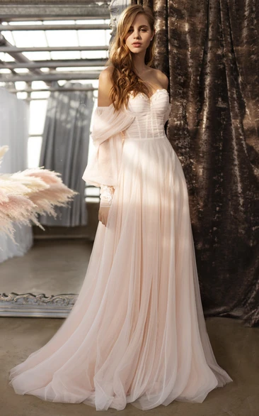 Sweetheart Empire Ruched Puff-sleeve Tulle Pleated Blush Wedding Dress