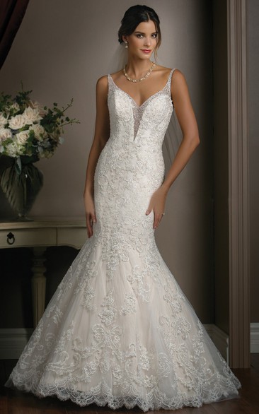 V-neck Mermaid Wedding Dress with Spaghetti Straps and Deep V-back