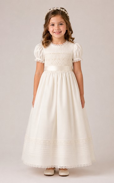 A-line Tea-length Puff Sleeve Tulle Flower Girl Dress with Ivory puff sleeves