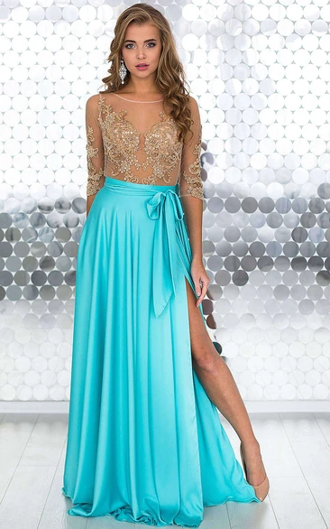 A-Line Floor-Length Bateau Short Sleeve Jersey Beading Appliques Illusion Dress