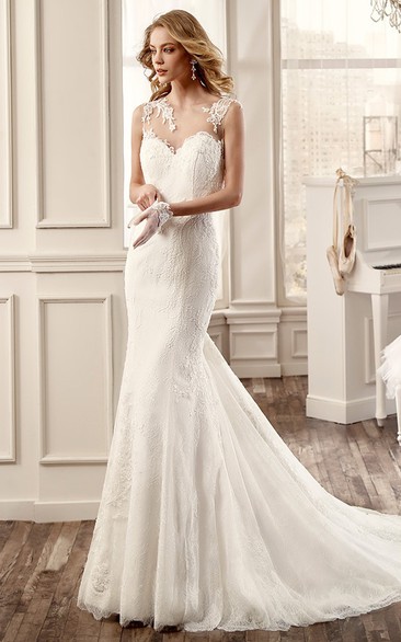 Jewel-Neck Sheath Mermaid Wedding Dress With Appliques And Illusive Back
