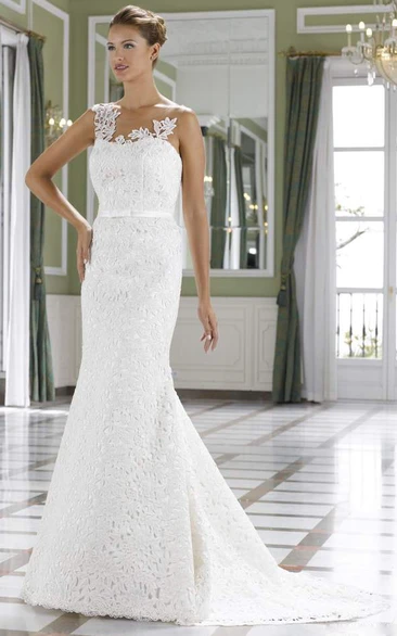 Sheath Floor-Length Scoop Sleeveless Lace Wedding Dress With Brush Train And Deep-V Back