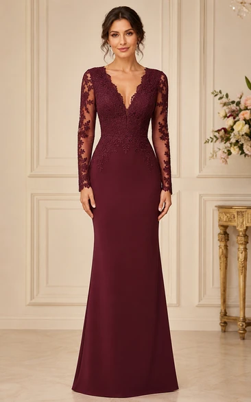 Burgundy Lace Long Sleeve V-Neck Mermaid Evening Gown