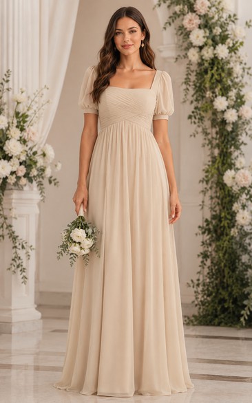 Champagne Square Neck Puff Sleeve Chiffon Bridesmaid Dress