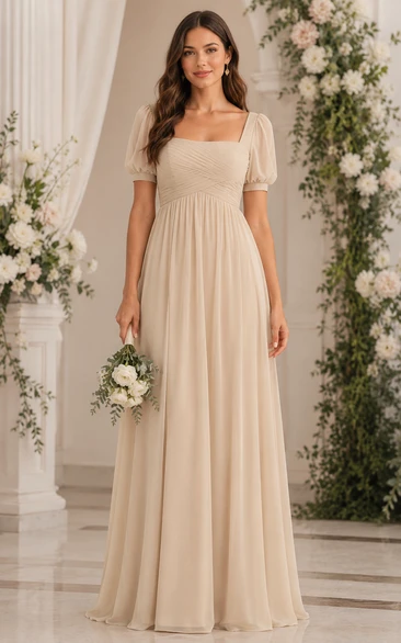 Champagne Square Neck Puff Sleeve Chiffon Bridesmaid Dress
