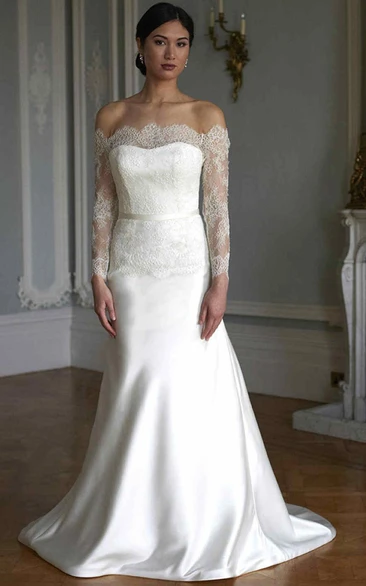 Off-The-Shoulder Long-Sleeve Maxi Lace&Satin Wedding Dress With Illusion