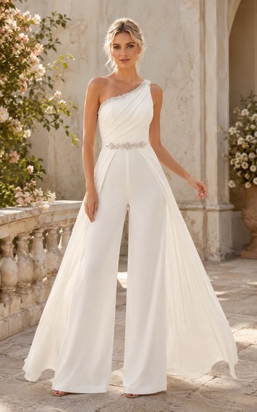 Combinaison de mariée blanche asymétrique avec surjupe en mousseline