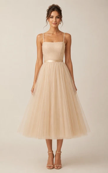 Champagne Satin Bodice Tulle Tea Dress