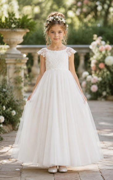 Ivory A-Line Lace Flower Girl Dress with Bow Sash