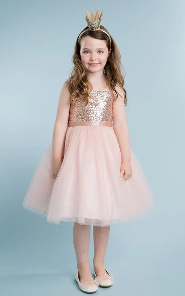 Spaghetti Midi Tulle&Sequins Flower Girl Dress