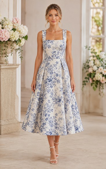 Blue Floral Square Neck Tea-Length A-Line Wedding Guest Dress with Wide Straps