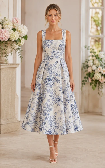 Blue Floral Square Neck Tea-Length A-Line Wedding Guest Dress with Wide Straps