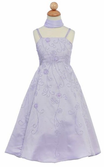 Ankle-Length Floral Floral Beaded Sequins&Satin Flower Girl Dress With Straps