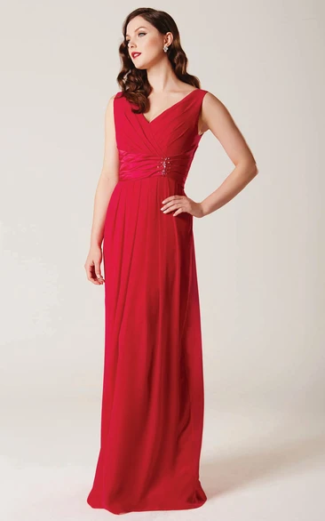 Sheath Floor-Length Ruched Sleeveless V-Neck Chiffon Bridesmaid Dress