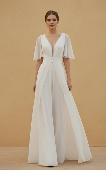 V-Neck Short Tulle Sleeve Decor Waist Wide Leg Wedding Jumpsuit