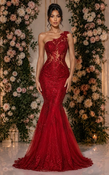 Sequin Prom Dress in Red, One-Shoulder Mermaid Sweep Train Gown with Sequins and Lace