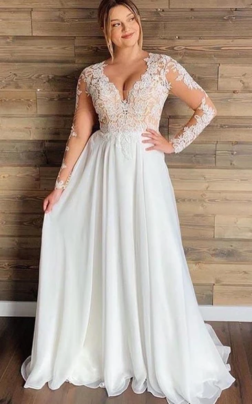 Plus Size Long Sleeve Sexy Casual Ethereal Chiffon Lace Beach Deep-V-Neck Wedding Dress