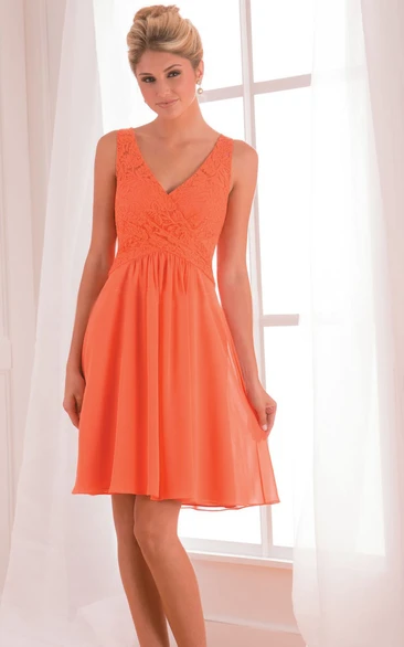 Sleeveless V-Neck Short Bridesmaid Dress With Lace Detail And Keyhole Back