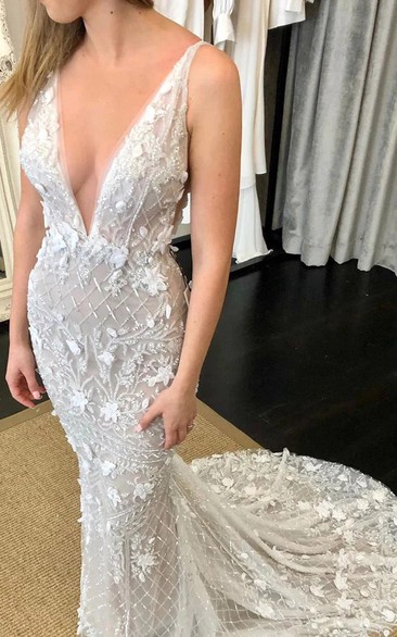 Mermaid Sexy Luxury Applique Bodycon Lace Wedding Dress with Detachable Train